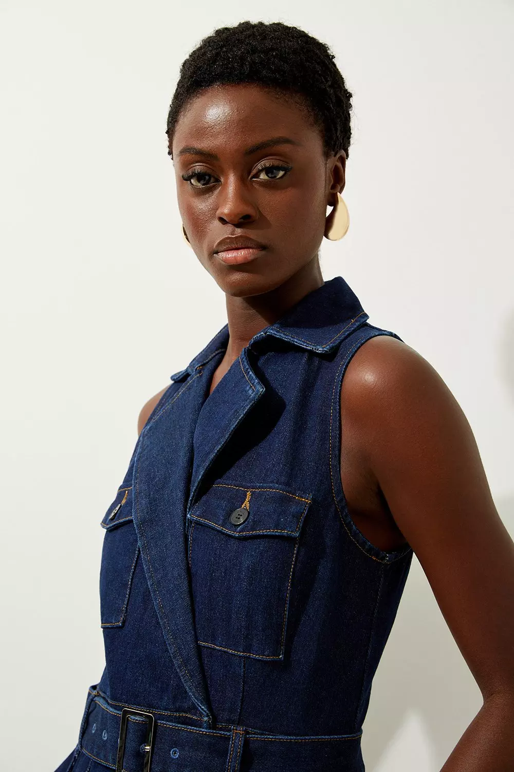 Denim Cargo Pocket Belted Sleeveless Shirt Wrap Dress